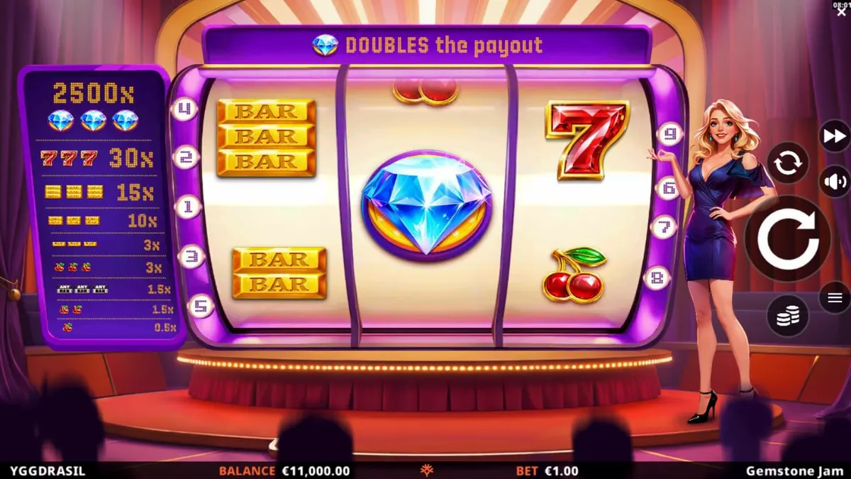 Tampilan visual slot Gemstone Jam dengan nuansa panggung kuis TV yang mewah dan simbol permata berkilau.